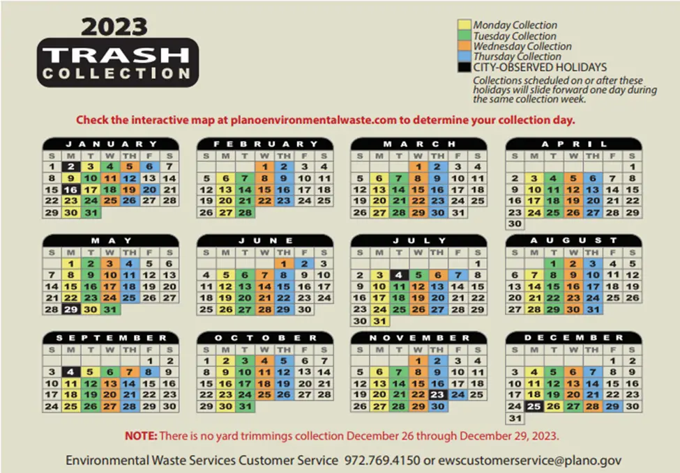 Plano Trash Schedule Calendar 2023